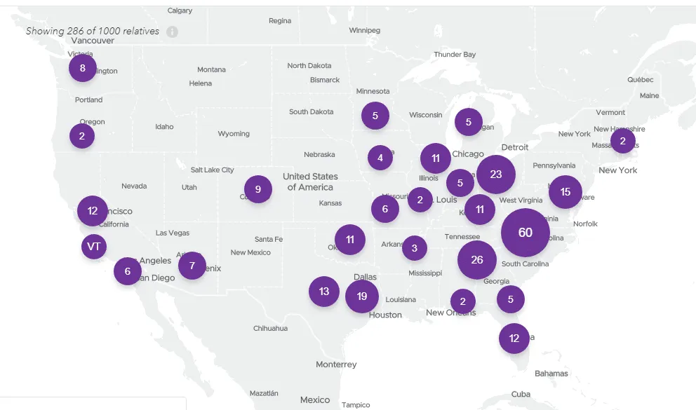 23andMe map visualization of where my DNA relatives using the 23andMe are located.