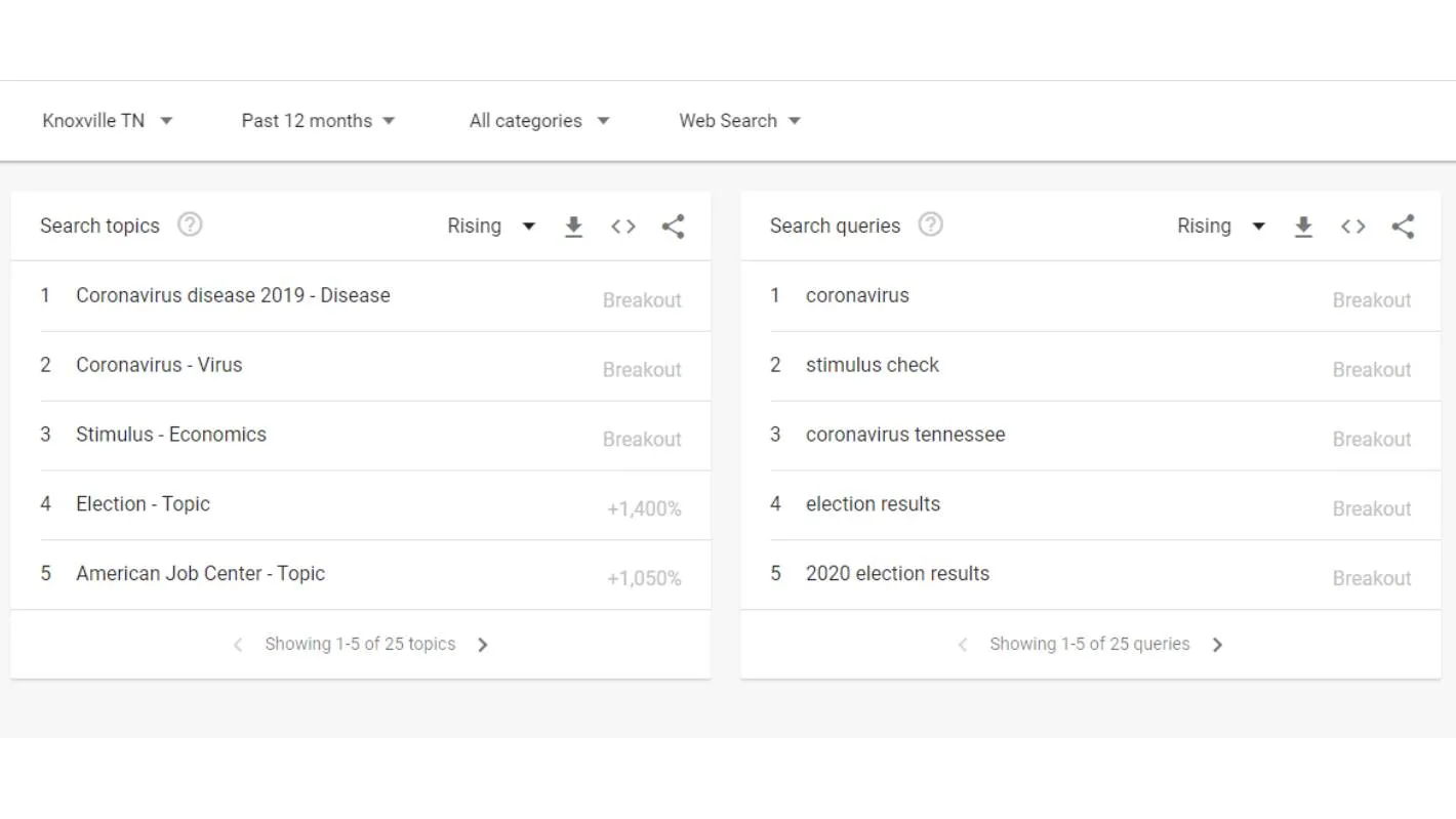 Top 25 Google search terms in Knoxville for 2020