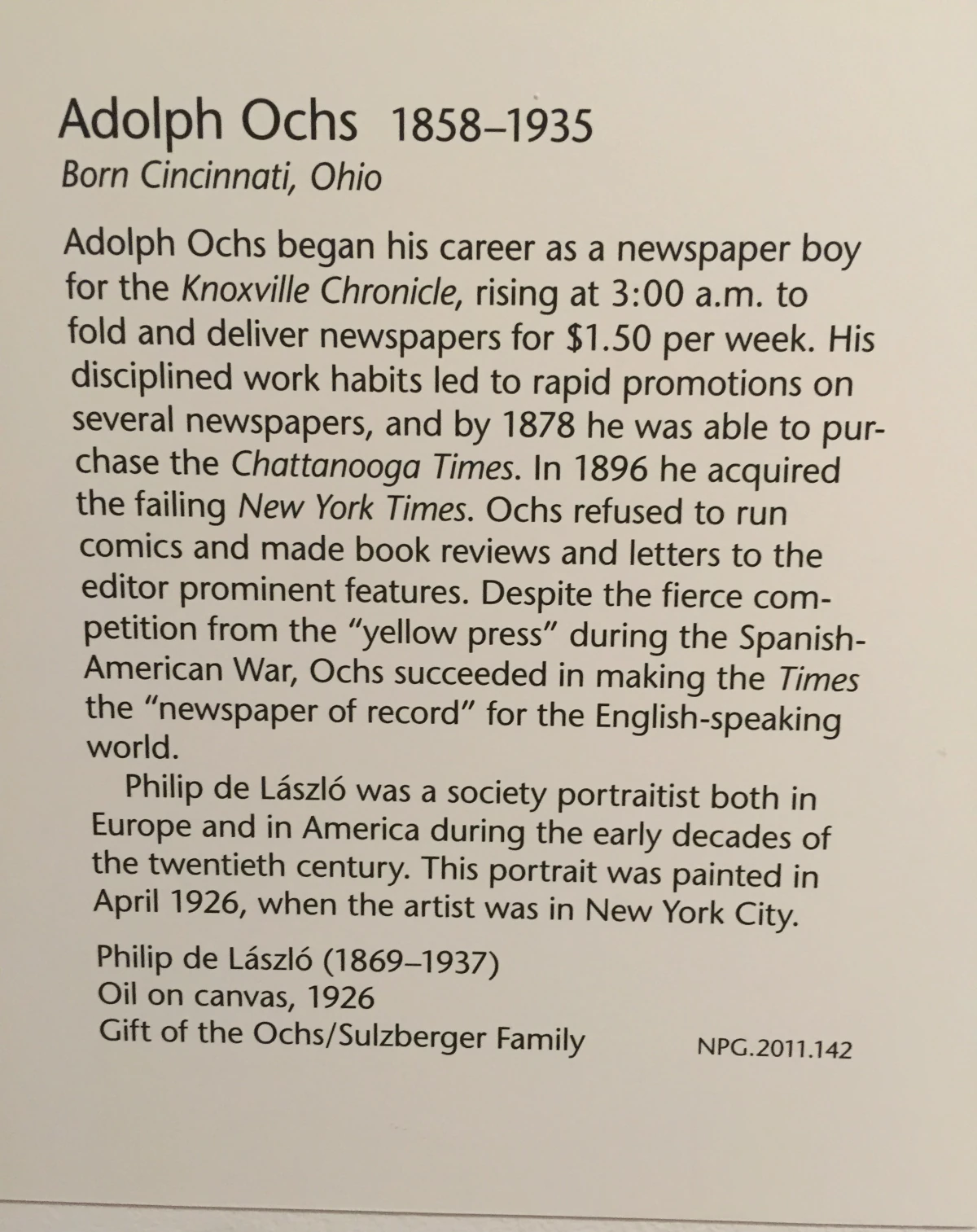 Information on Adolph Ochs with National Portrait Gallery painting