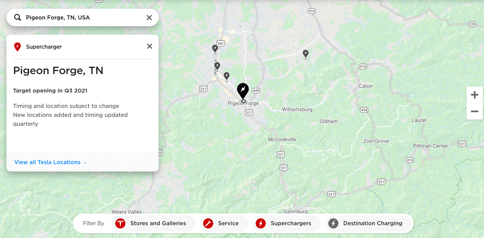A Tesla Supercharger is planned in Pigeon Forge.