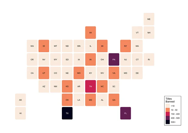 No. of Titles Banned by State. Data: PEN America. Visual: Statecraft